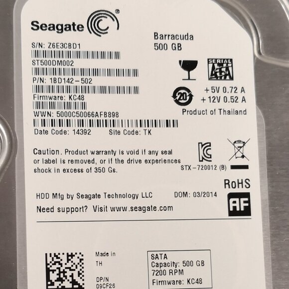 Seagate ST500DM002 500GB 7.2K 3.5" SATA HDD – Barracuda Drive KC48 - Picture 2 of 7